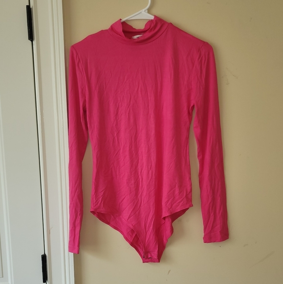 NWT Sheiugu Hot Neon Bright Pink Mock Turtleneck Long Sleeve Bodysuit Top - Picture 1 of 7